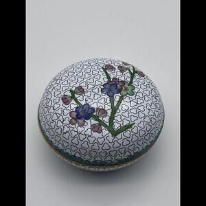 Vintage Cloisonné Round Trinket Box with Floral Design